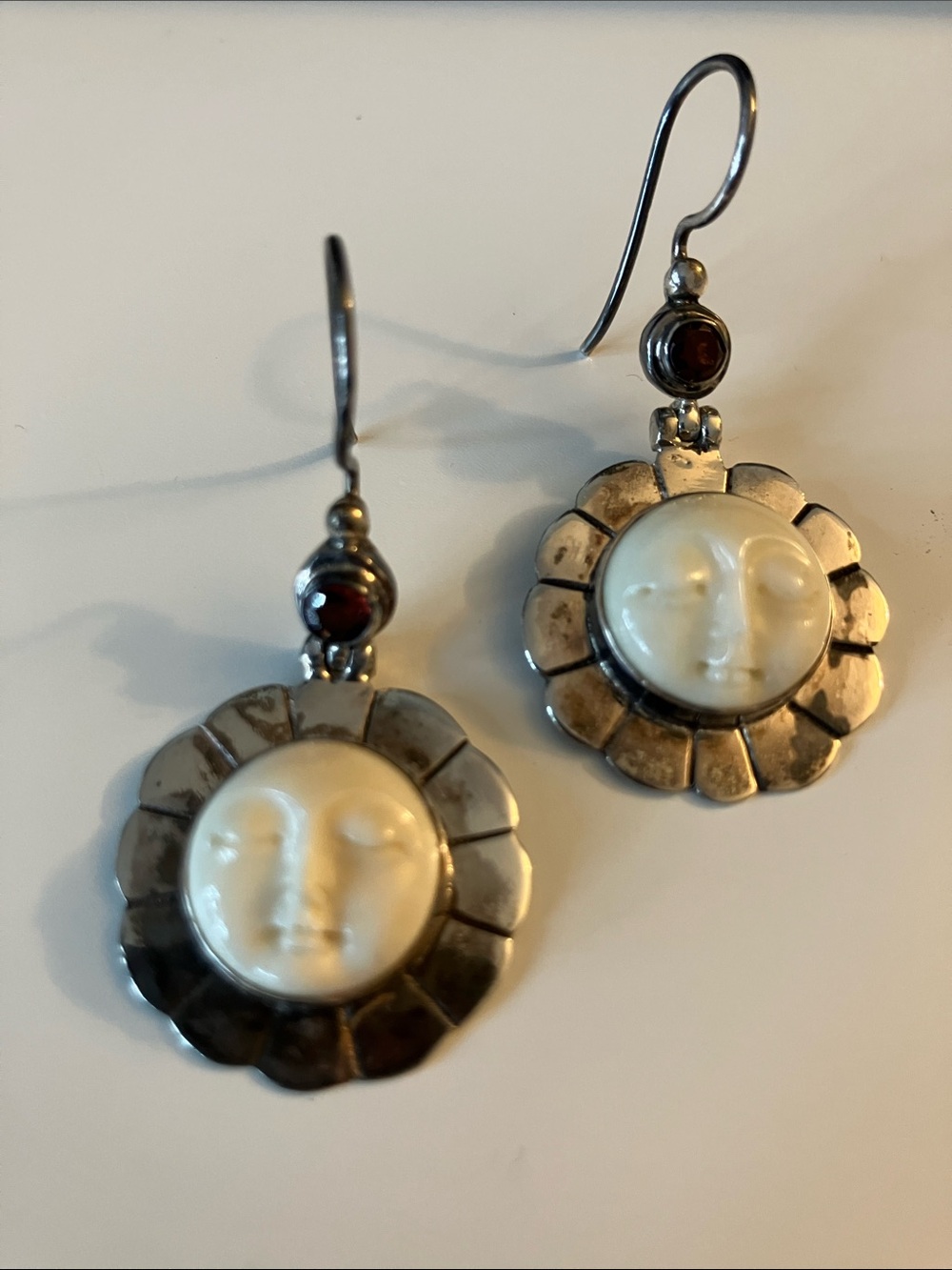 Silver Sunface Dangle Earrings with Cream Moonstone Face on Sterling Silver